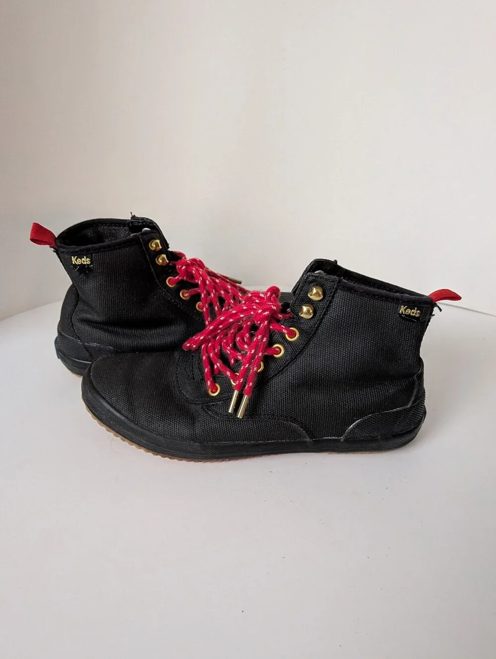 Keds Black High-Top Rain Boot with Red Laces and Gold Hardware